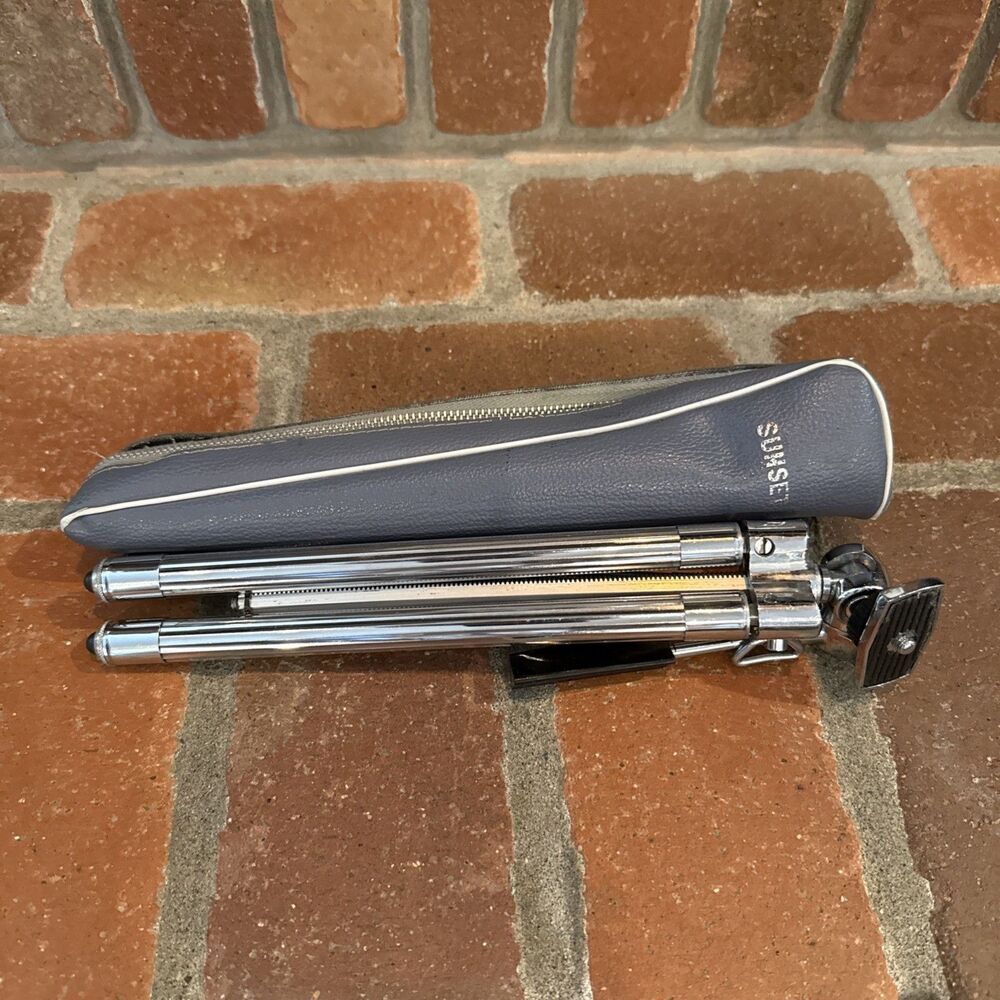 VINTAGE SUNSET CHROME CAMERA TRIPOD WITH TELESCOPING LEGS & SUNSET CASE